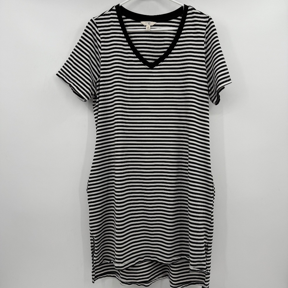 Terra Sky Dress Women 0X Black White Stripes T Shirt V Neck Short Sleeve Pockets - Picture 1 of 13